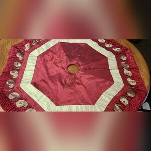 Christmas Tree Skirt 46" Octagon Shape Maroon & Gold